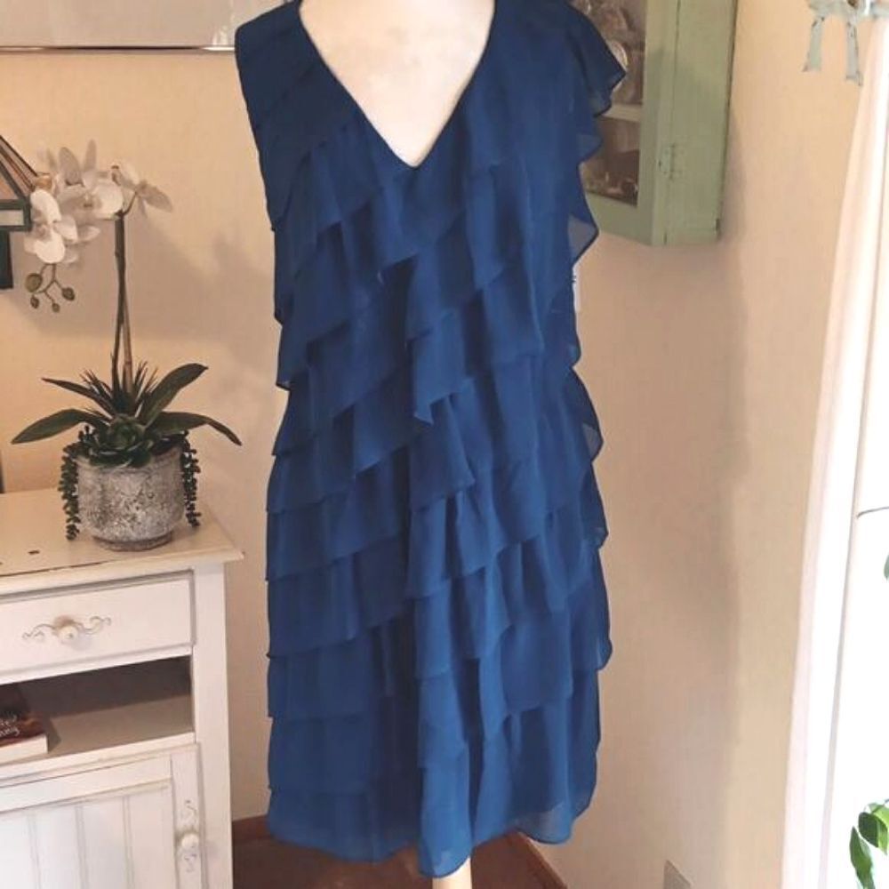 Adrianna Papell Navy Tiered Ruffle V-Neck Midi Dress